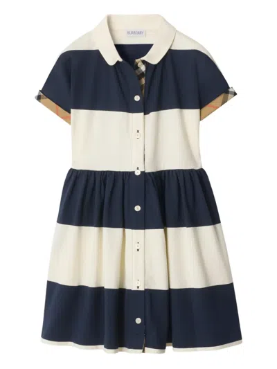 Burberry Kids Checked-trim Short Sleeve Striped Dress In Black