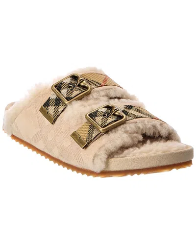Burberry Check Suede & Shearling Sandal In White