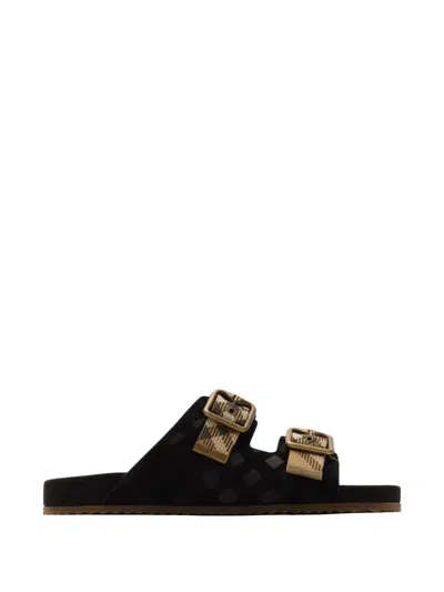 Burberry Check Suede Urchin Sandals In Black