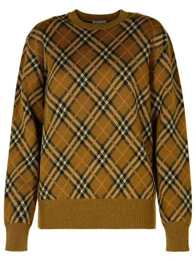 Burberry Check Wool Blend Knit Crewneck Sweater In Beige