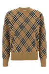 Burberry Plaid Crewneck Sweater With Ribbed Trims In Sand