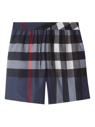 Burberry Check Swim Shorts In Blue