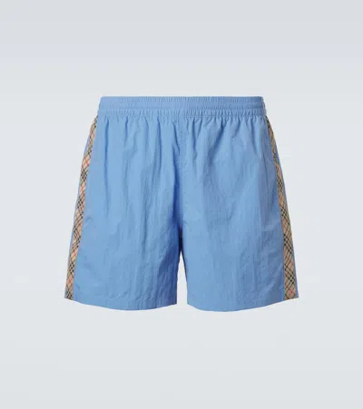 Burberry Check Swim Trunks In Blue