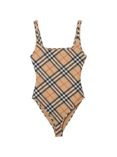 Burberry Beige Square Neck Check Swimsuit