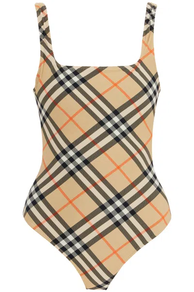 Burberry Check Swimsuit In Brown