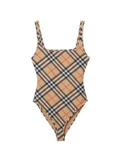 Burberry Check Swimsuit In Brown
