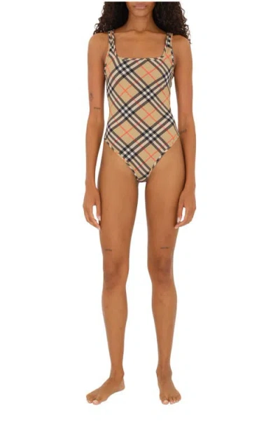 Burberry Women Nylon One-piece Swimsuit With Check Print In Neutral