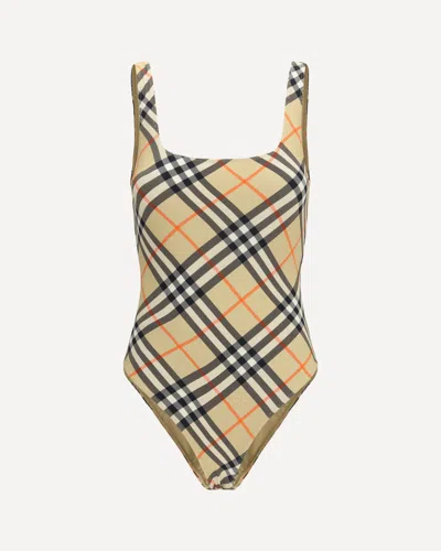 Burberry Scoop Neckline Sleeveless Checkered Beach Bodysuit In Brown