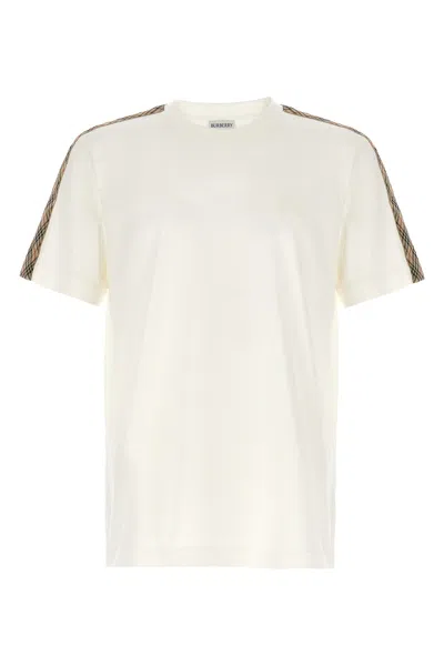 Burberry White Crewneck T-shirt With Check Motif On The Sleeve And Ekd Logo Embroidery On The Front In Cotton