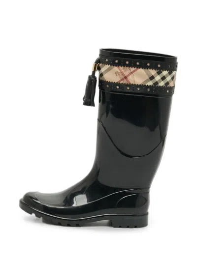Pre-owned Burberry Check Tassel Rain Boots In Black