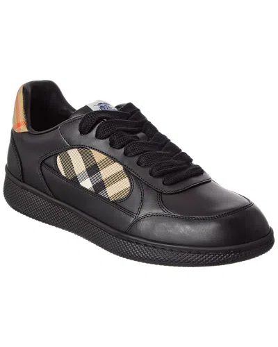 Burberry Men Leather Sneakers With Traditional Check Inserts In Black