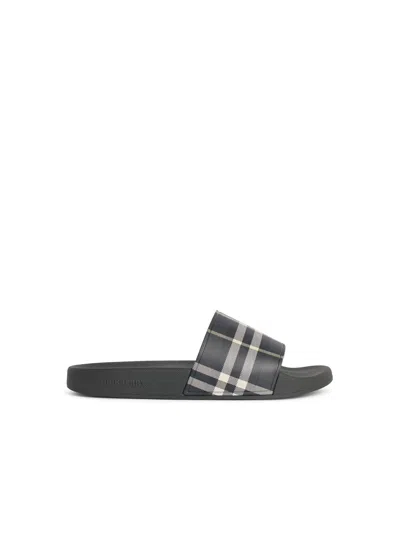 Burberry 'check' 'thicket' Green Polyurethane Slippers Men In Gray