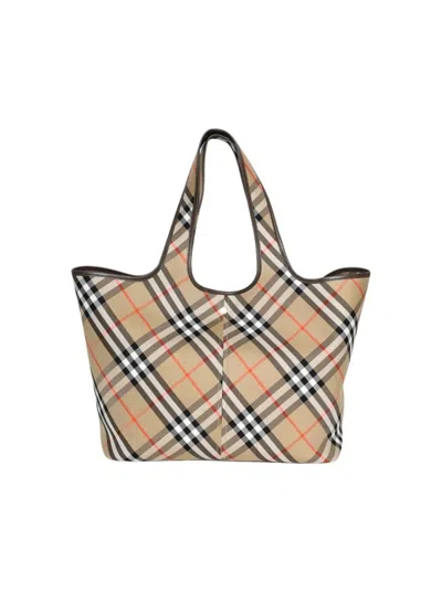 Burberry Beige Tote Bag With Vintage Check Motif In Cotton Canvas Woman In Multicolor