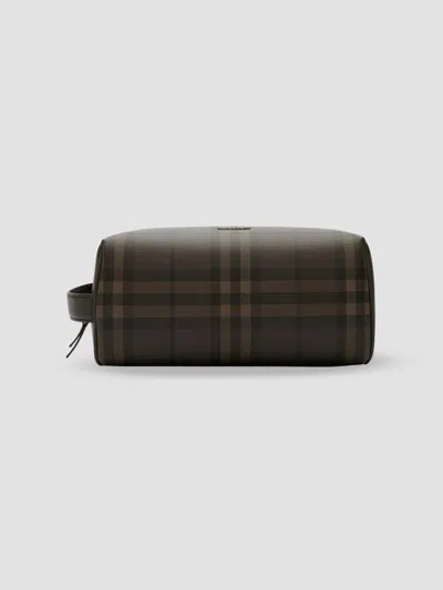 Burberry Check Travel Pouch In Dark Brown