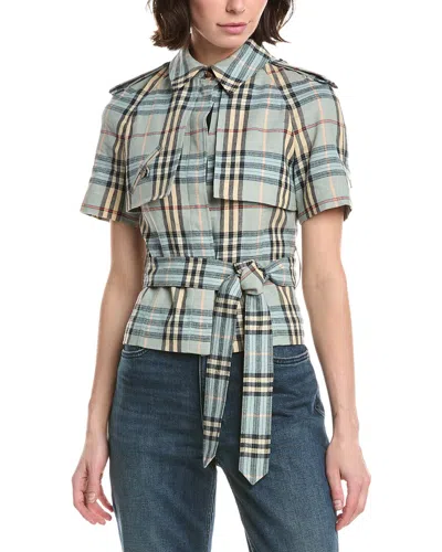 Burberry Check Trench Linen & Wool-blend Shirt In Blue