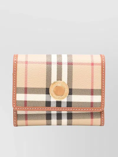 Burberry Check Tri-fold Wallet Vintage Pattern Stitching Trim In Beige