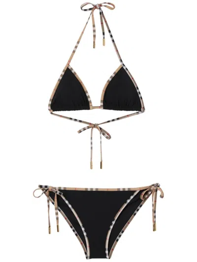 Burberry Checked-piped Triangle Bikini In Black