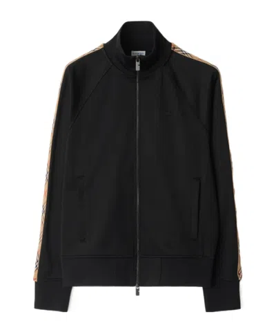 Burberry Check Trim Cotton Blend Track Jacket In Black