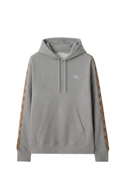 Burberry Check Trim Cotton Hoodie In Gray
