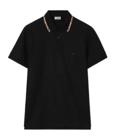 Burberry Check Trim Cotton Polo Shirt In Black