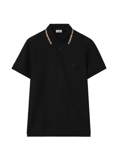 Burberry Check Collar Cotton Polo Shirt In Black