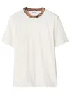 Burberry White Crewneck T-shirt With Check Motif On The Collar In Cotton Man