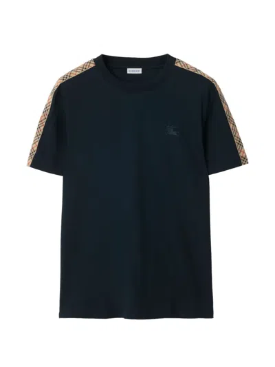 Burberry Logo-embroidered Checked Jacquard-trimmed Cotton-jersey T-shirt In Black