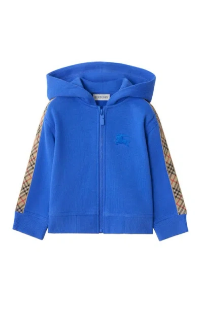 Burberry Babies'  Check Trim Cotton Zip Hoodie In Blue
