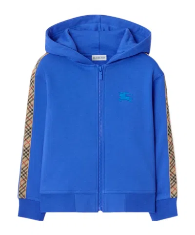 Burberry Check Trim Cotton Zip Hoodie In Blue