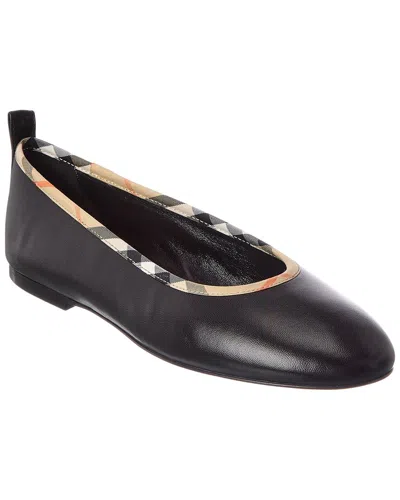 Burberry Check Trim Leather Ballerina Flat In Black