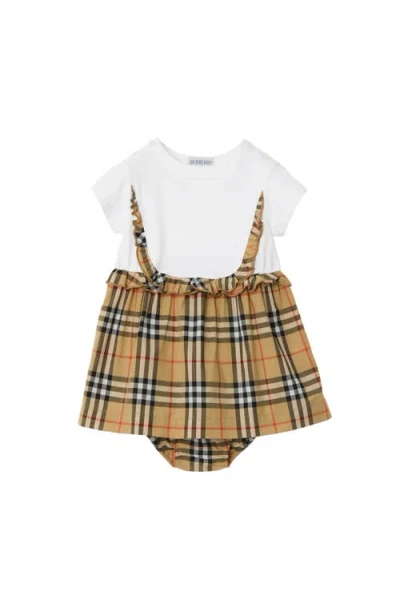 Burberry Babies'  Check Trim Stretch Cotton Dress With Bloomers In White
