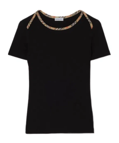 Burberry Check Trim Stretch Cotton T-shirt In Black