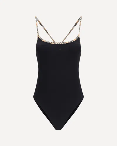 Burberry Check Trim Swimsuit In Black