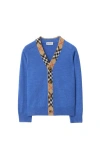 Burberry Check Trim Wool Cardigan In Blue