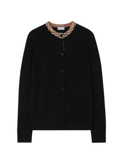 Burberry Check Trim Wool Cardigan In 黑色