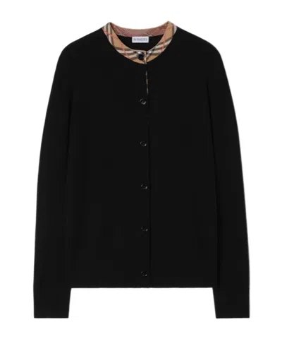 Burberry Check Trim Wool Cardigan In Black