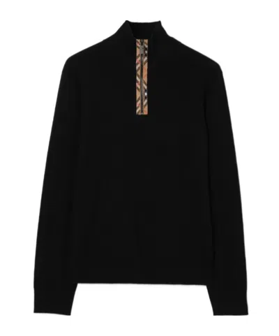 Burberry Check Trim Wool Half-zip Sweater In Black