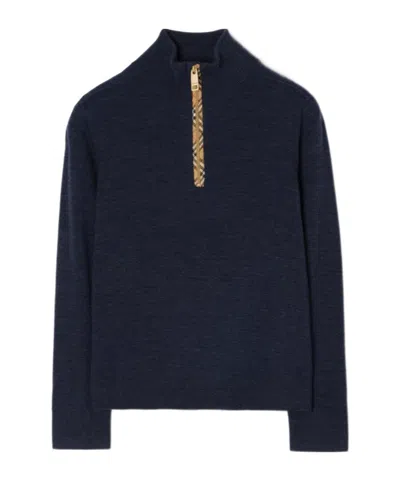 Burberry Kids' Check Trim Wool Half-zip Sweater In Blue