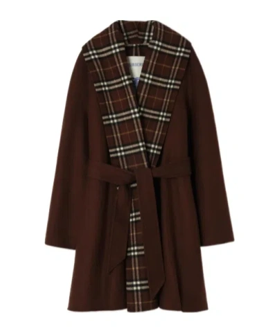Burberry Check Trim Wool Wrap Coat In Brown