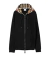 Burberry Cotton Check Pattern Drawstring Hooded Sweater With Front Zip In Black