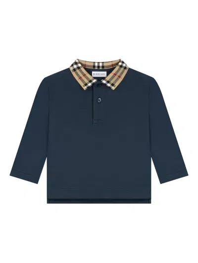 Burberry Babies' Check-trimmed Polo Shirt In Blue
