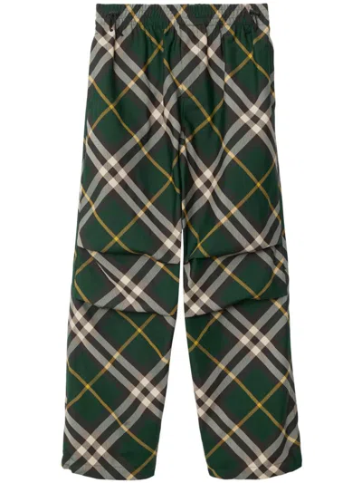 BURBERRY MEN'S DARK GREEN CHECK TROUSERS FOR SS24