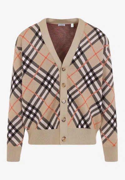 Burberry Check V-neck Cardigan In Beige