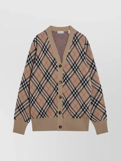 BURBERRY CHECK V-NECK CARDIGAN IN WOOL AND MOHAIR BLEND