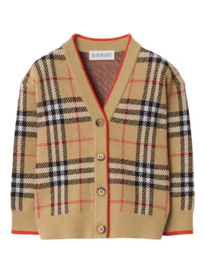 Burberry Babies' Check V-neck Cardigan In Brown