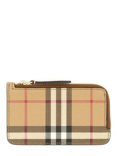 Burberry Beige Card Case With Check Motif In Eco Leather Woman