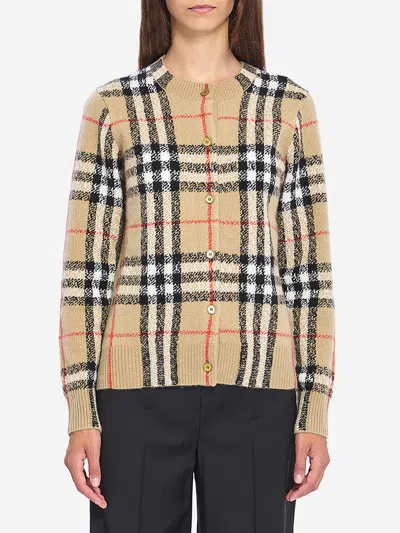 Burberry Check Wool And Cashmere Cardigan In Neutral