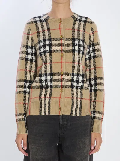 Burberry Check Wool And Cashmere Cardigan In Nude
