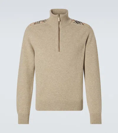 Burberry Check Wool And Cashmere Half-zip Sweater In Neutral