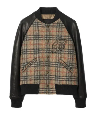 Burberry Check Wool And Leather Bomber Jacket In Black